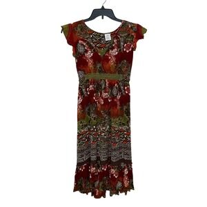 Bila Midi Dress Size Medium Boho Floral Tribal Ruffle Crochet Trim Forest Fairy